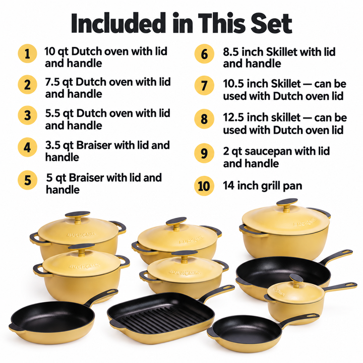 Full Set of 22-Piece Premium Enameled Cast Iron Cookware