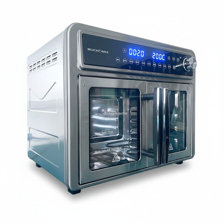 Dual Compartment 28L French Door Air Fryer Oven - All Stainless Steel Accessories - Buchymix UK