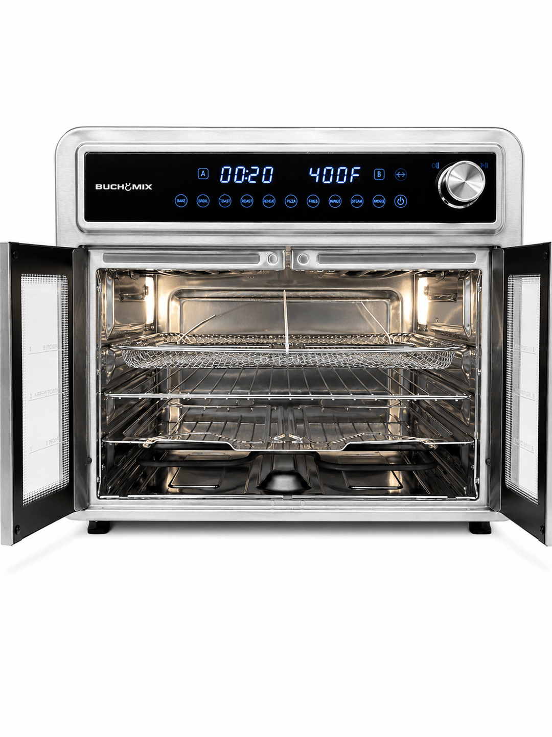 Dual Compartment 28L French Door Air Fryer Oven- All Stainless Steel Accessories - Buchymix UK