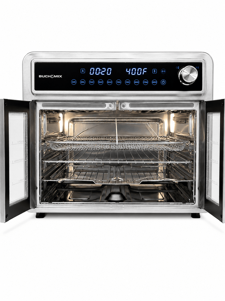 Dual Compartment 28L French Door Air Fryer Oven- All Stainless Steel Accessories - Buchymix UK