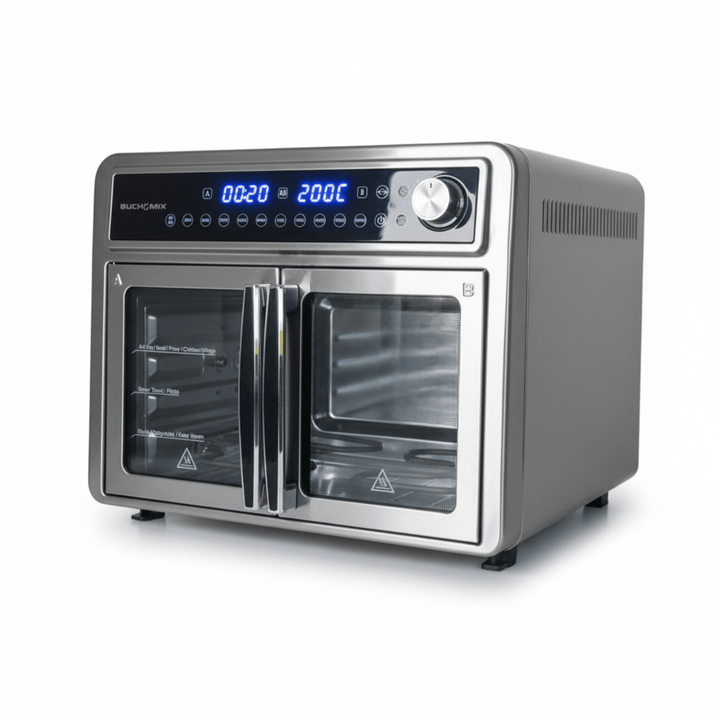 Dual Compartment 28L French Door Air Fryer Oven - All Stainless Steel Accessories - Buchymix UK