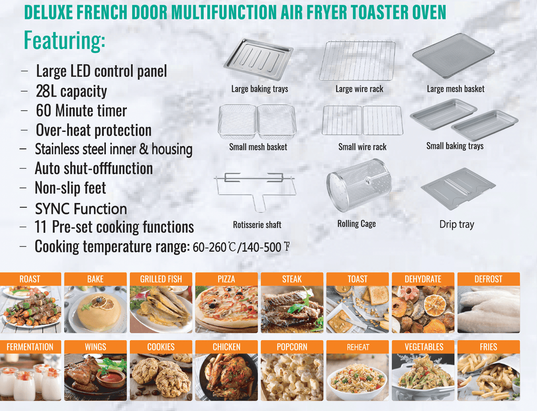 Dual Compartment 28L French Door Air Fryer Oven - All Stainless Steel Accessories - Buchymix UK