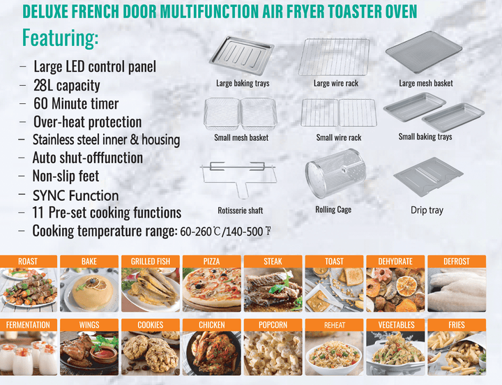 Dual Compartment 28L French Door Air Fryer Oven - All Stainless Steel Accessories - Buchymix UK
