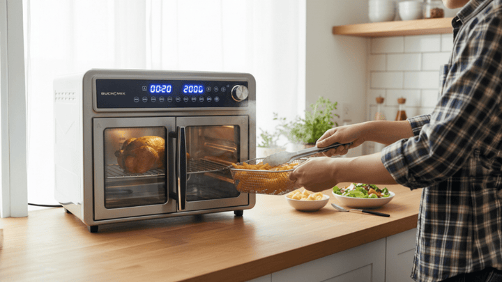 Dual Compartment 28L French Door Air Fryer Oven - All Stainless Steel Accessories - Buchymix UK