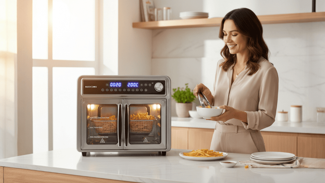 Dual Compartment 28L French Door Air Fryer Oven - All Stainless Steel Accessories - Buchymix UK