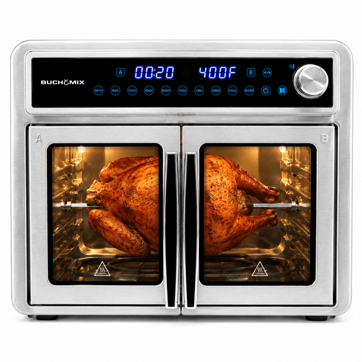 Dual Compartment 28L French Door Air Fryer Oven- All Stainless Steel Accessories - Buchymix UK