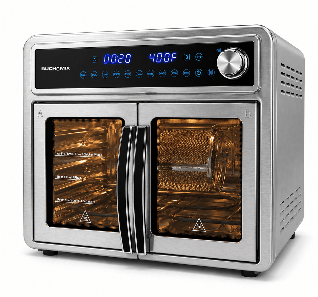 Dual Compartment 28L French Door Air Fryer Oven- All Stainless Steel Accessories - Buchymix UK