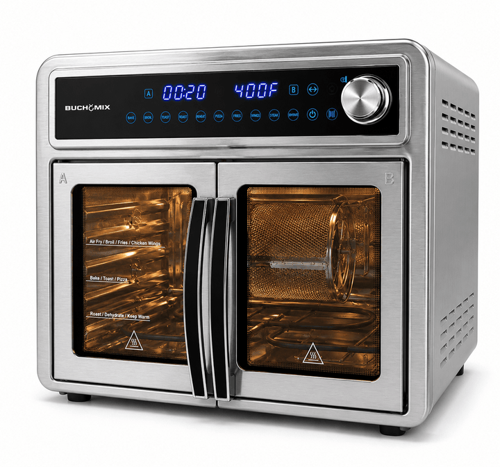 Dual Compartment 28L French Door Air Fryer Oven- All Stainless Steel Accessories - Buchymix UK
