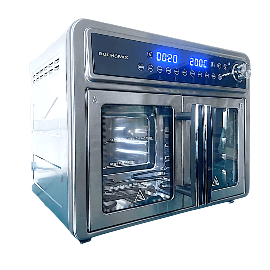 Dual Compartment 28L French Door Air Fryer Oven - All Stainless Steel Accessories - Buchymix UK