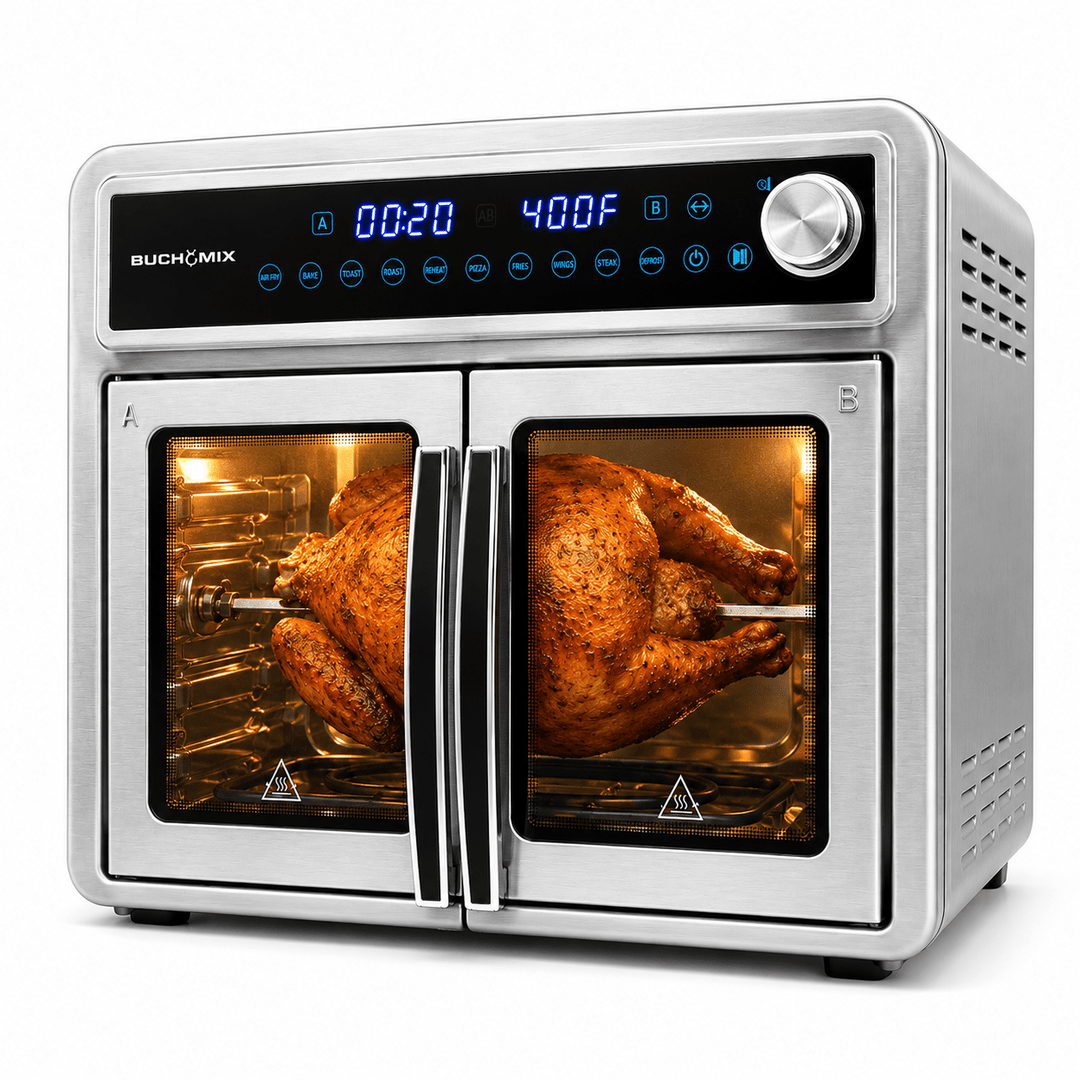 Dual Compartment 28L French Door Air Fryer Oven- All Stainless Steel Accessories - Buchymix UK