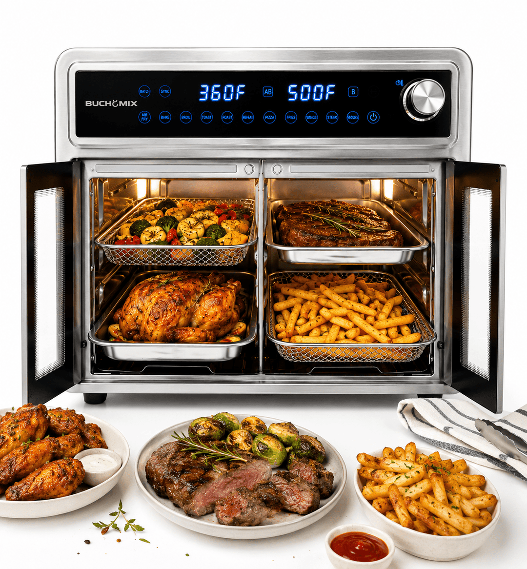Dual Compartment 28L French Door Air Fryer Oven- All Stainless Steel Accessories - Buchymix UK