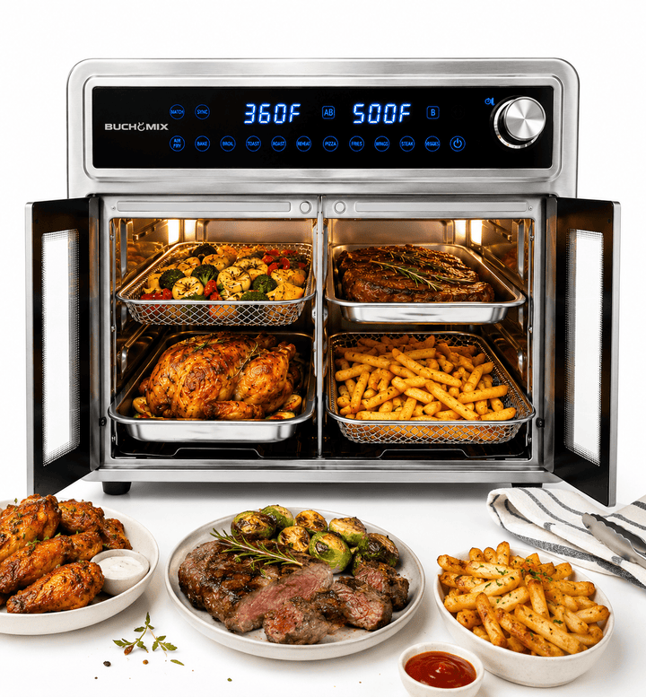 Dual Compartment 28L French Door Air Fryer Oven- All Stainless Steel Accessories - Buchymix UK