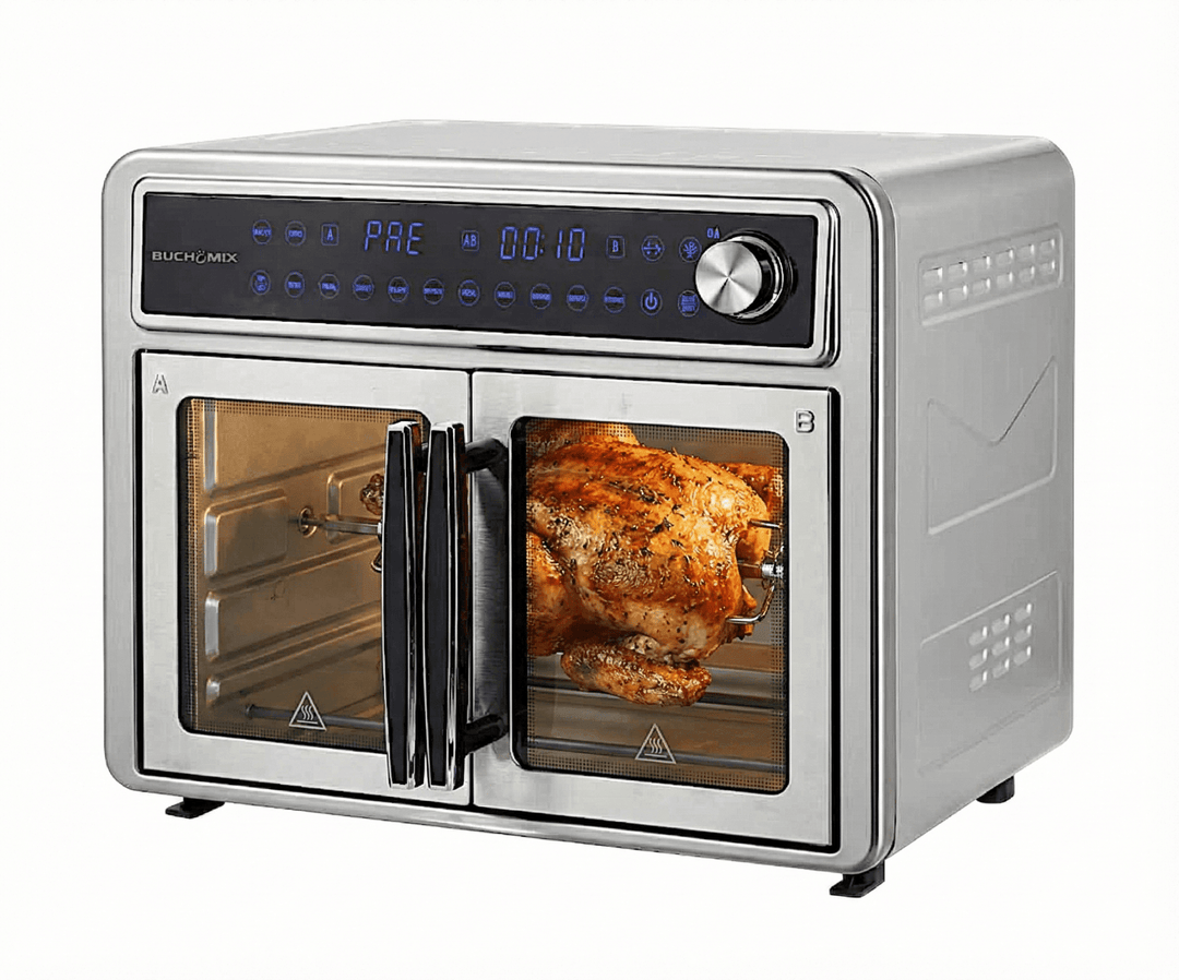 Dual Compartment 28L French Door Air Fryer Oven - All Stainless Steel Accessories - Buchymix UK