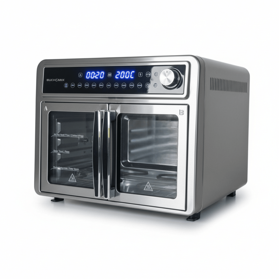 Dual Compartment 28L French Door Air Fryer Oven - All Stainless Steel Accessories - Buchymix UK