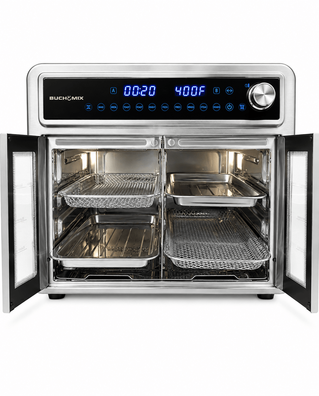 Dual Compartment 28L French Door Air Fryer Oven- All Stainless Steel Accessories - Buchymix UK