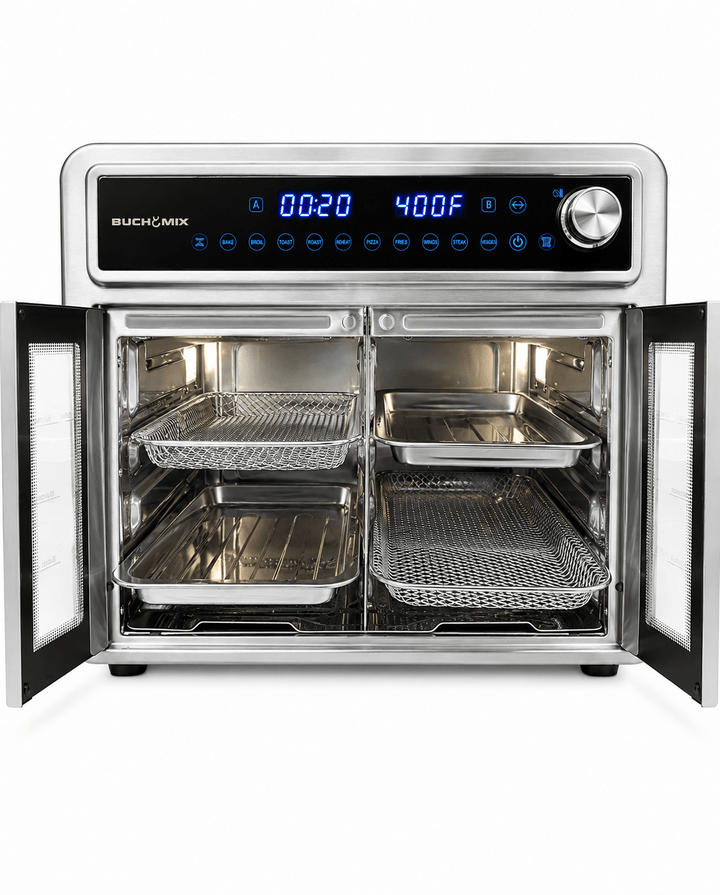 Dual Compartment 28L French Door Air Fryer Oven- All Stainless Steel Accessories - Buchymix UK