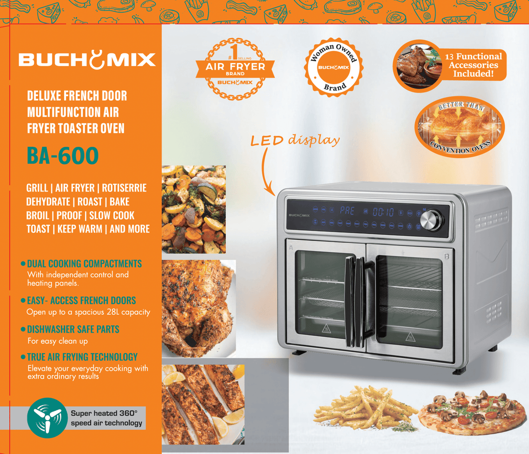 Dual Compartment 28L French Door Air Fryer Oven - All Stainless Steel Accessories - Buchymix UK