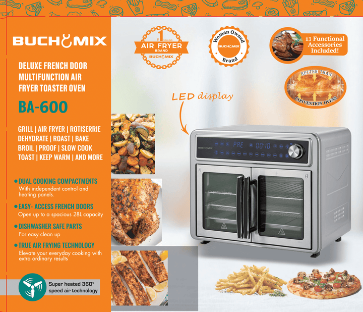 Dual Compartment 28L French Door Air Fryer Oven - All Stainless Steel Accessories - Buchymix UK
