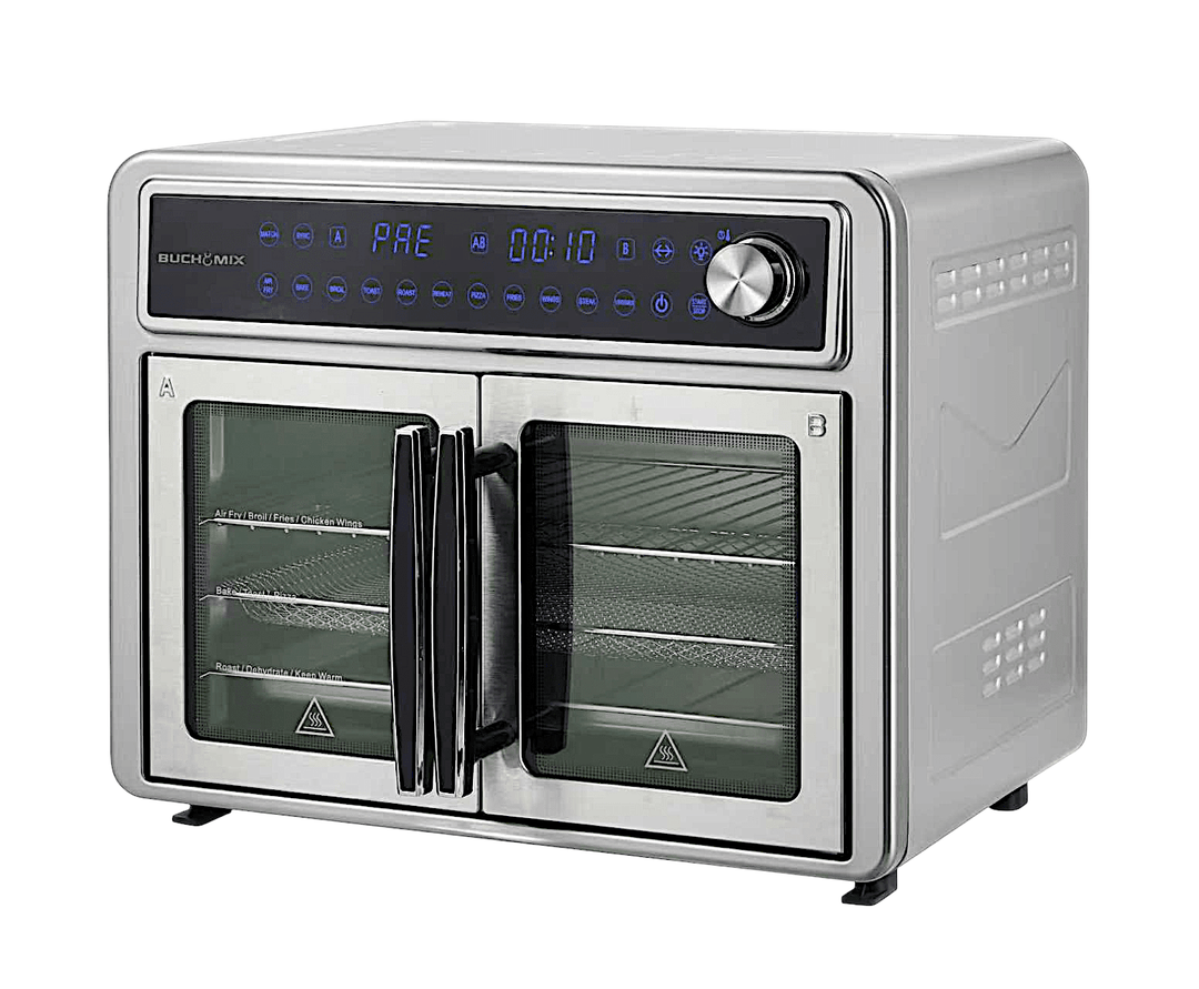Dual Compartment 28L French Door Air Fryer Oven - All Stainless Steel Accessories - Buchymix UK