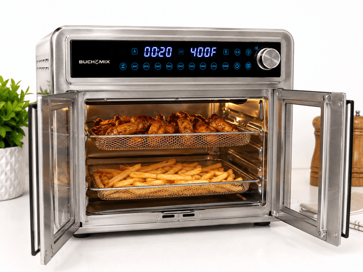 Dual Compartment 28L French Door Air Fryer Oven- All Stainless Steel Accessories - Buchymix UK