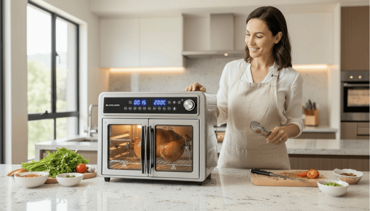 Dual Compartment 28L French Door Air Fryer Oven - All Stainless Steel Accessories - Buchymix UK