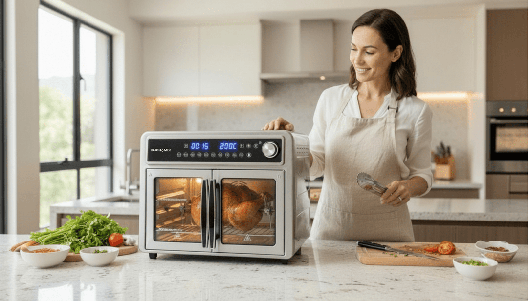 Dual Compartment 28L French Door Air Fryer Oven - All Stainless Steel Accessories - Buchymix UK