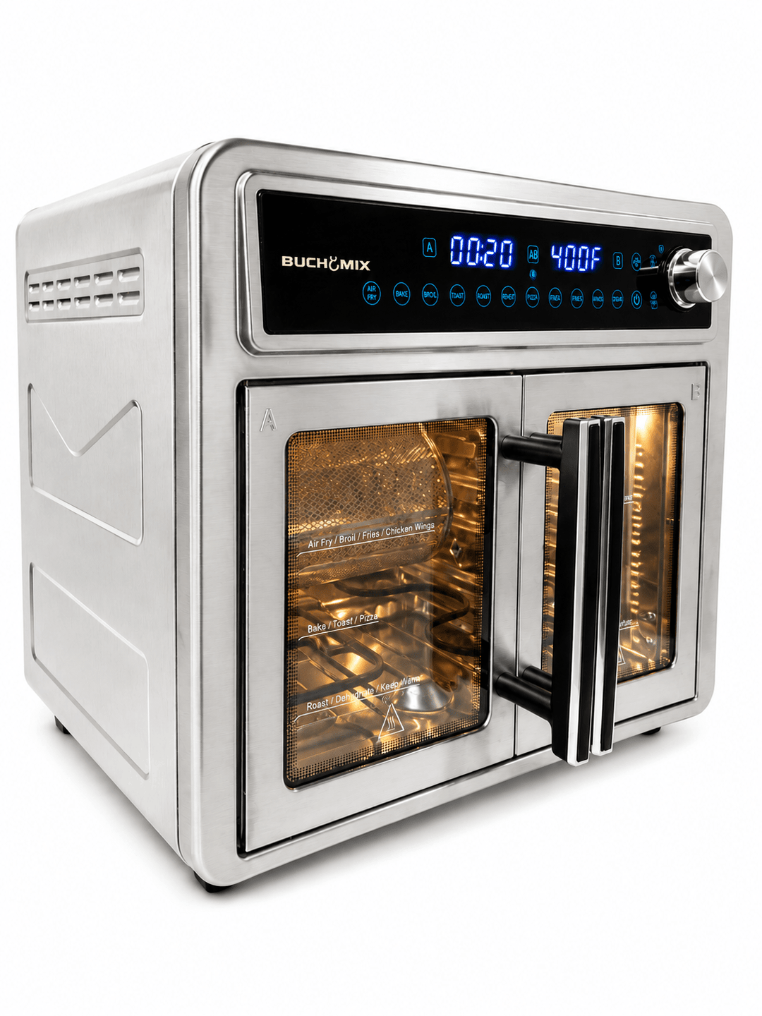 Dual Compartment 28L French Door Air Fryer Oven- All Stainless Steel Accessories - Buchymix UK