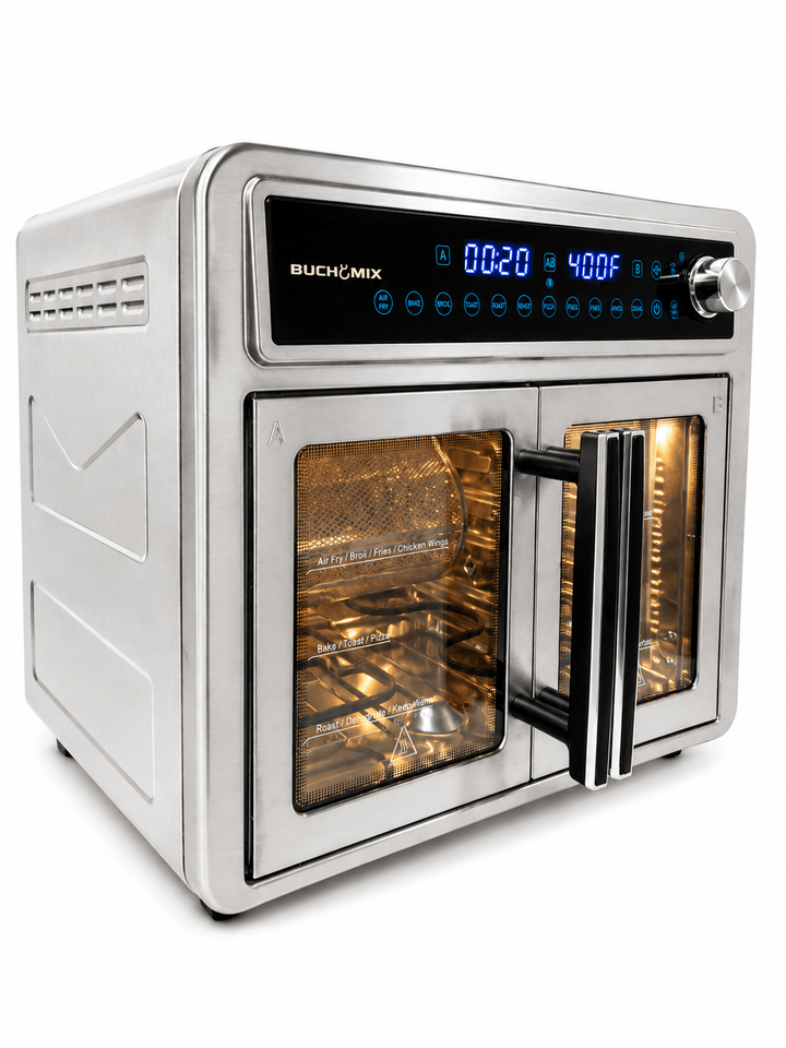 Dual Compartment 28L French Door Air Fryer Oven- All Stainless Steel Accessories - Buchymix UK